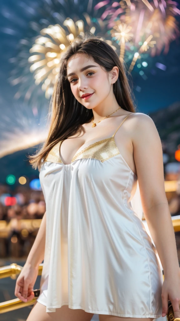Adorable , Gorgeous , Beautiful , Russian Baby Face , Large Colossal Chest , 20 Years Old , White Skin , Slip Dress , Top of The Mountain Background , Wind , Tighten Breast , ((Bokeh:1.1)) , Grey Eye , ((White-Gold Coloured)) , ((Firework:1.1)) , ((Night:1.3)) , Standing Pose , HDR , Ultra Detailed , EF 24-70mm f/2.8L II USM , Look at Viewers