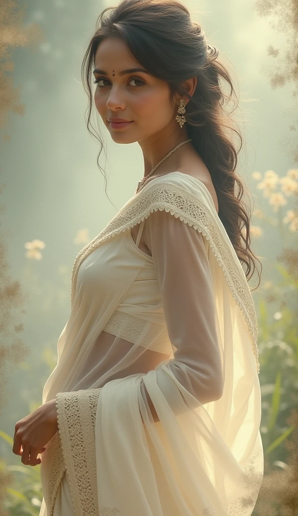 woman in white saree is a great vintage shot, in the style of katia chausheva, raphael kirchner, photorealistic detail, gustave van de woestijne, indian scenes, vintage cut-and-paste
