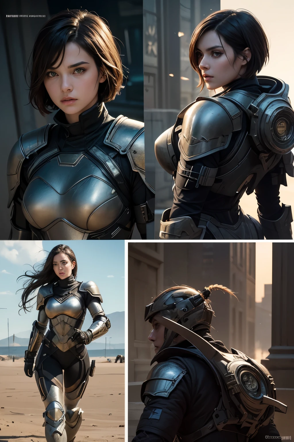 Create a complete concept art containing a character with all angles, the 4 images must contain her entire body from head to toe, front, side and back, she is a beautiful young woman with black hair, green eyes, short hair, green eyes, wears imperial armor in the DUNE movie style, black armor in cyberpunk masterpiece style 