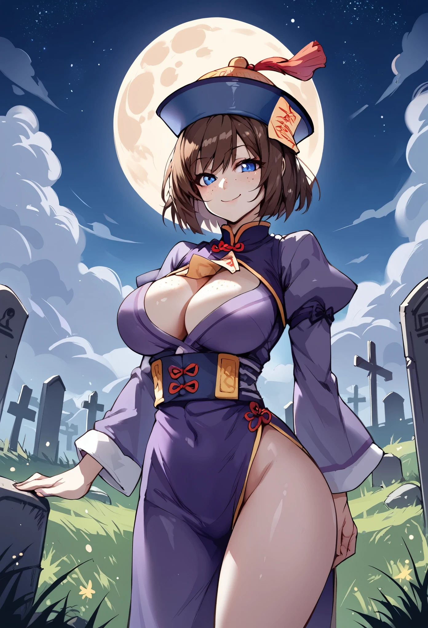 score_9_up, score_8_up, score_7_up, 1girl, solo, source_anime, hourglass figure, Big breasts, kemonomimi, bear ears, brown hair, short hair, messy_hair, blue eyes BREAK freckles, purple outfit, (jiangshi), qing_guanmao, hat, smile, closed mouth, facing_viewer, (pale skin), standing, simple background, zombie, outdoors, graveyard, tombstones, grass, fullmoon, cleavage, night sky, dark clouds, starry sky