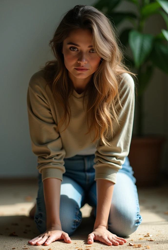 Woman in jeans and long sleeve t-shirt kneeling on the floor touching the floor with bend over front view