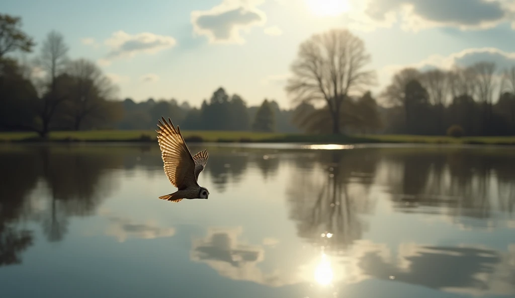 Owl flying in the sky，Reflection in a nearby lake,Inverted image from below，Sharp focus，Bokeh，Depth of written boundary，Masterpieces，Ultra-fine，Ultra-realistic，8k，Best image quality，Detailed Description