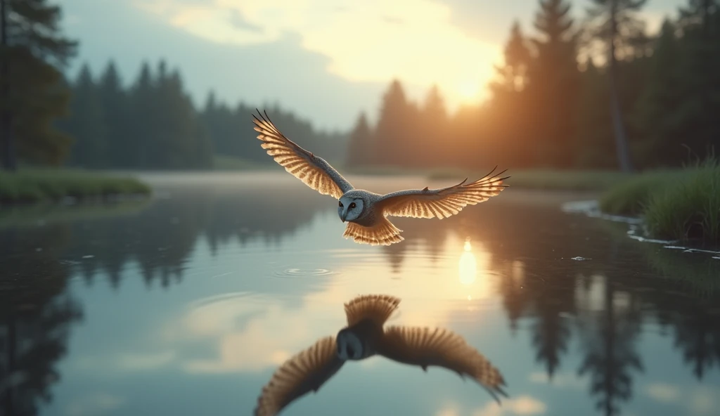 Owl flying in the sky,Reflection in a nearby lake,Inverted image from below,Sharp focus,Bokeh,Depth of written boundary,Masterpieces,Ultra-fine,Ultra-realistic,8k,Best image quality,Detailed Description
