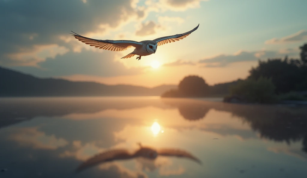 Owl flying in the sky,Reflection in a nearby lake,Inverted image from below,Sharp focus,Bokeh,Depth of written boundary,Masterpieces,Ultra-fine,Ultra-realistic,8k,Best image quality,Detailed Description
