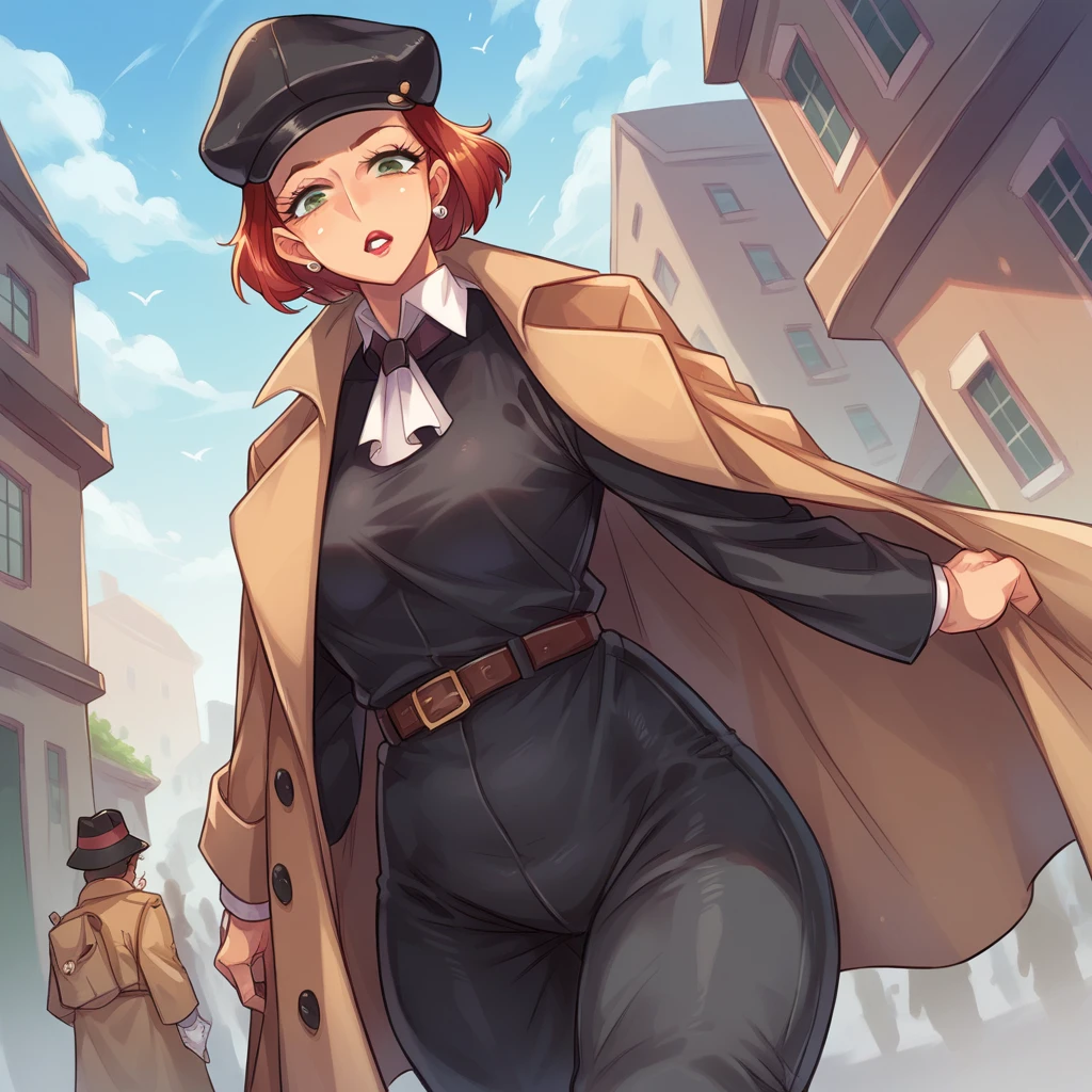 female detective, wear black dress pants, a short hat and wears a trench coat, In the background a city with giant buildings 