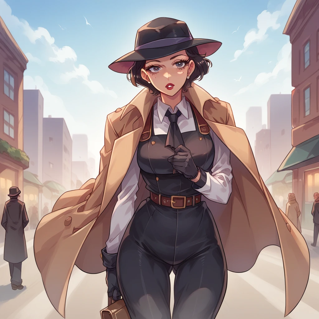 female detective, wear black dress pants, a short hat and wears a trench coat, In the background a city with giant buildings