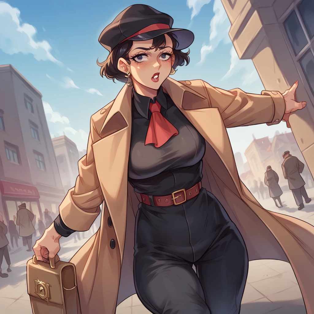 female detective, wear black dress pants, a short hat and wears a trench coat, In the background a city with giant buildings