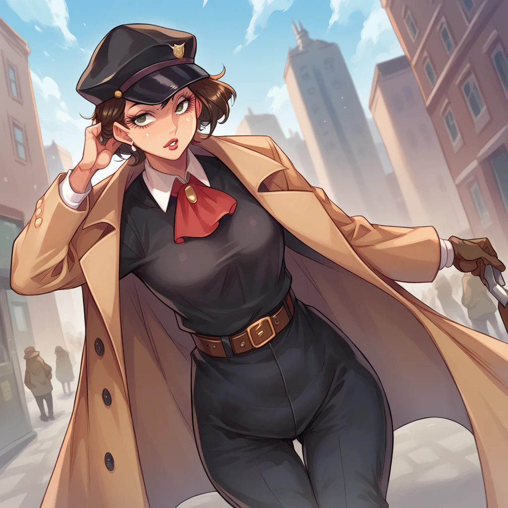 female detective, wear black dress pants, a short hat and wears a trench coat, In the background a city with giant buildings 