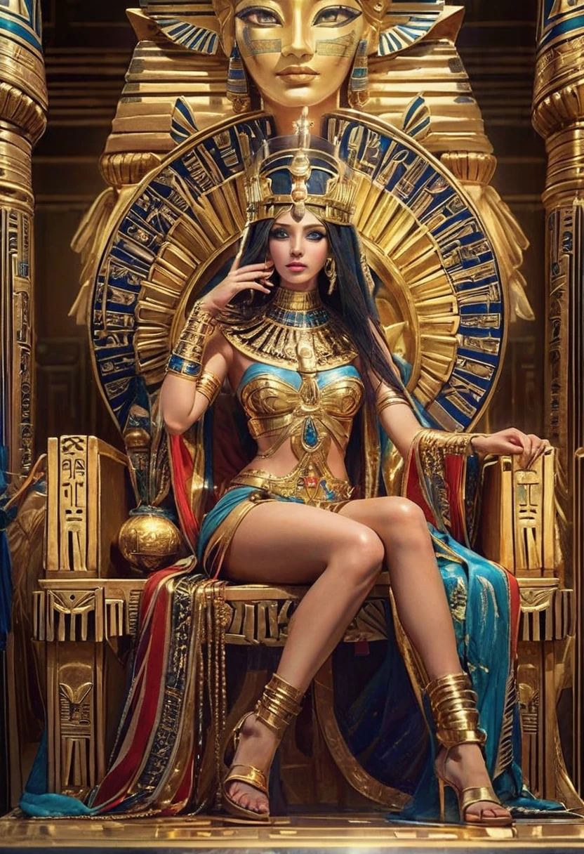 A woman in a gold costume wearing a gold mask and sitting on a throne, Egyptian Princess, Beautiful Fantasy Empress, beautiful Cleopatra, ((Beautiful Fantasy Empress)), Wearing an Egyptian crown, on her throne, sitting on her throne, Beautiful Goddess, Ancient Goddess, Sitting on the Golden Throne, Sitting on a golden throne, Goddess Queen, Gorgeous Leo Goddess, Cleopatra