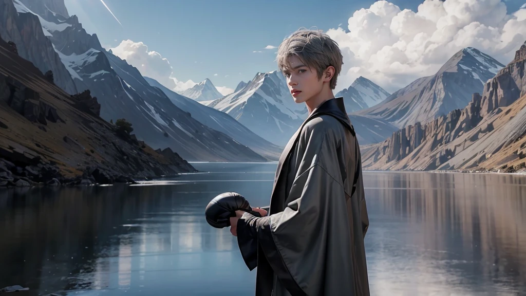masterpiece,Game Art,Best picture quality,Maximum resolution,8k,(Upper Body),Unreal Engine 5 rendering works,(Digital Photography),(Boy boxing),Short hair details,(The eyes are very delicate),(Has short grey hair:1.4),(Perfect body),(Black robe),(background:mountain peak),light,night,Ray Tracing,RAW photos,((3D Unreal Engine)),OC rendering reflection mode
