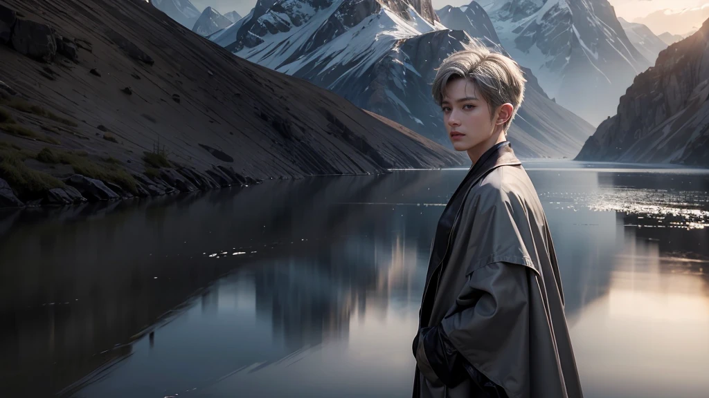 masterpiece,Game Art,Best picture quality,Maximum resolution,8k,(Upper Body),Unreal Engine 5 rendering works,(Digital Photography),(Boy boxing),Short hair details,(The eyes are very delicate),(Has short grey hair:1.4),(Perfect body),(Black robe),(background:mountain peak),light,night,Ray Tracing,RAW photos,((3D Unreal Engine)),OC rendering reflection mode