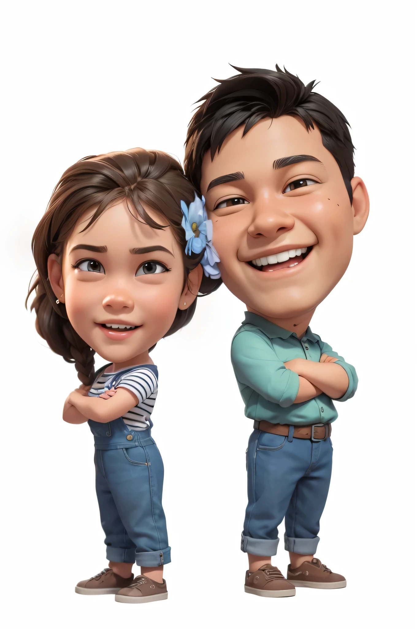 Little children, brothers and sisters, smiling, beautiful hair, 3D render, 3D Cartoon, big head, cartoonish look, high resolution, super detail, soft lighting