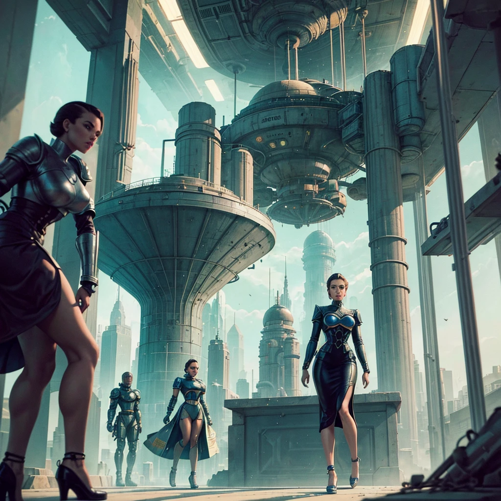 one city with focus on "Agora Hall" in a retro-futuristic style from the 1950s. The hall should be filled with people, all dressed in retro-futuristic attire. Some are wearing sleek, mid-century modern clothing with futuristic twists, while others are in uniforms reminiscent of a spacefaring society. A few individuals are clad in ornate, battle-ready armor with a 1950s sci-fi aesthetic. And the walls feature geometric patterns and futuristic murals. The atmosphere is bustling, capturing the energy and diversity of this imagined society. The overall scene combines vintage futuristic design with a sense of community and readiness for adventure
