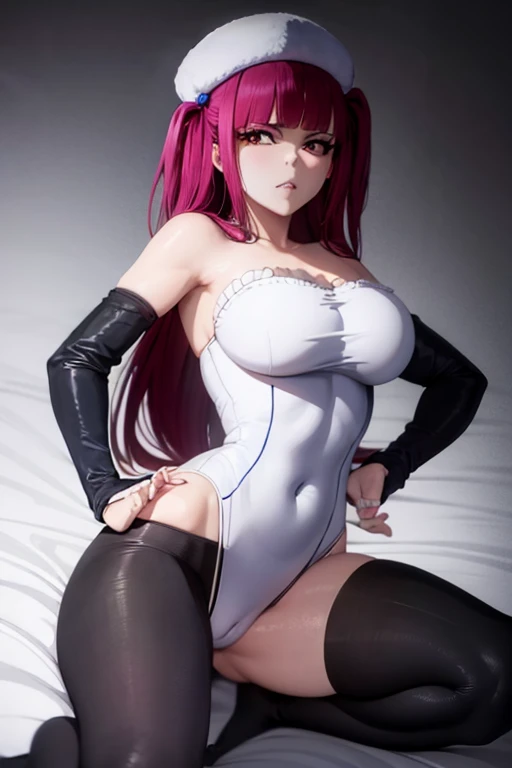 (masterpiece, Detailed Image,detailed picture) Sexy Riruka Dokugamine in her dress and hat, bleach girl, top quality, 16 thousand, ultra-detailed, black stockings, the girl is on all fours holding her hands on her butt, beautiful Riruka Dokugamine, Big breasts, bitch face, attention to the tight stockings,correct anatomy, Double check your anatomy
