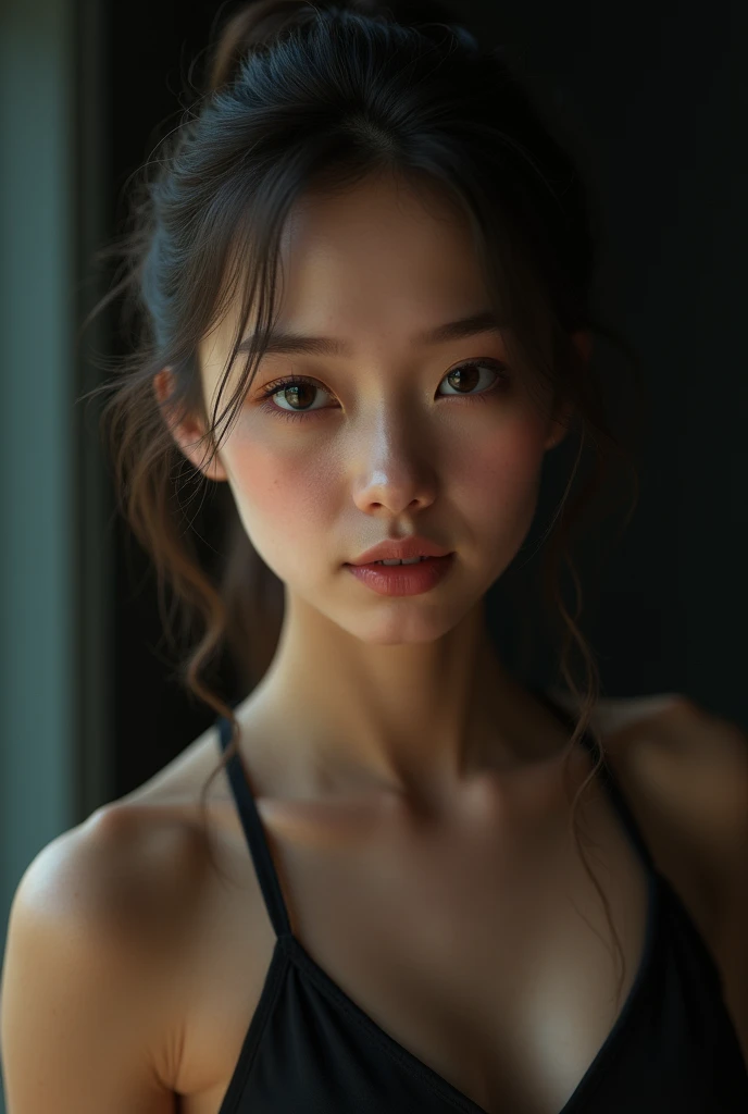 (photorealistic Realism 16K Quality), (ultra-fine digital art), ((extremely realistic proportional body, anatomically correct:1.3)), beautiful girl, (in highleg leotard), ((Half Body Portrait)), ((extremely realistic sharp real human eyes)), perfect round eyes, (finely detailed pupils:1.2), Cinematic Light, detailed facial features,Sharp focus, Smooth, beautiful, dark_shot:1.1