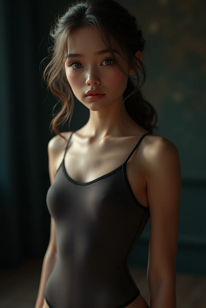 (photorealistic Realism 16K Quality), (ultra-fine digital art), ((extremely realistic proportional body, anatomically correct:1.3)), beautiful girl, (in highleg leotard), ((Half Body Portrait)), ((extremely realistic sharp real human eyes)), perfect round eyes, (finely detailed pupils:1.2), Cinematic Light, detailed facial features,Sharp focus, Smooth, beautiful, dark_shot:1.1