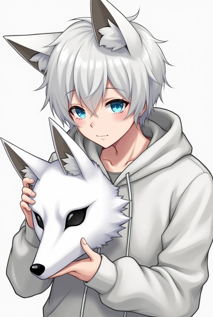 A Japanese man with a white hoodie, white hair, blue eyes, and a tsundere personality, about high school age, was holding a fox mask.