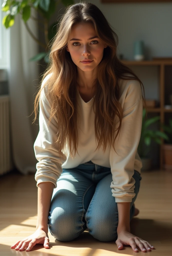 Woman in jeans and long sleeve t-shirt kneeling on the floor touching the floor with bend over front view
