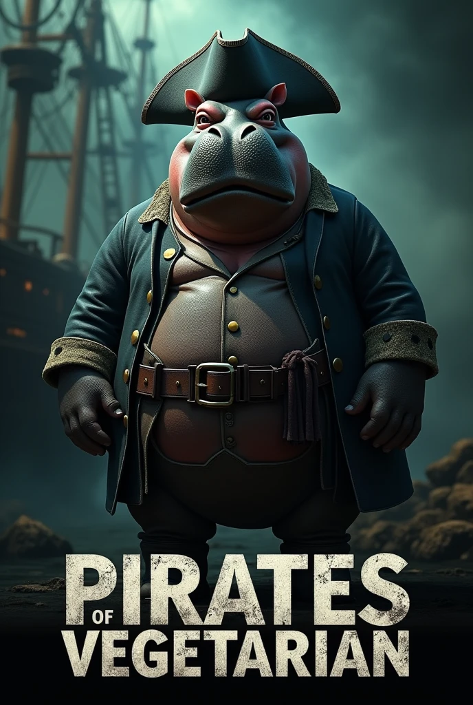 Create a cinematic poster featuring photorealistic portrait of Dressed animals - a ((fat)) hippo pirate, , wearing  pirate costume and  pirate hat , with a serious, intense expression, He should be slightly off-center in the composition, The background should be dark and gritty, pirate's ship with smoky or grunge textures, Use a color scheme of black, deep blues, and dark greens, with subtle silver or gold accents to capture the show's mood, At the bottom of the poster, place the text "PIRATES OF VEGETARIAN" in large, bold, distressed letters, in a sans-serif font. The text should have a cinematic style, with slight shadow or glow effects to make it stand out against the background.