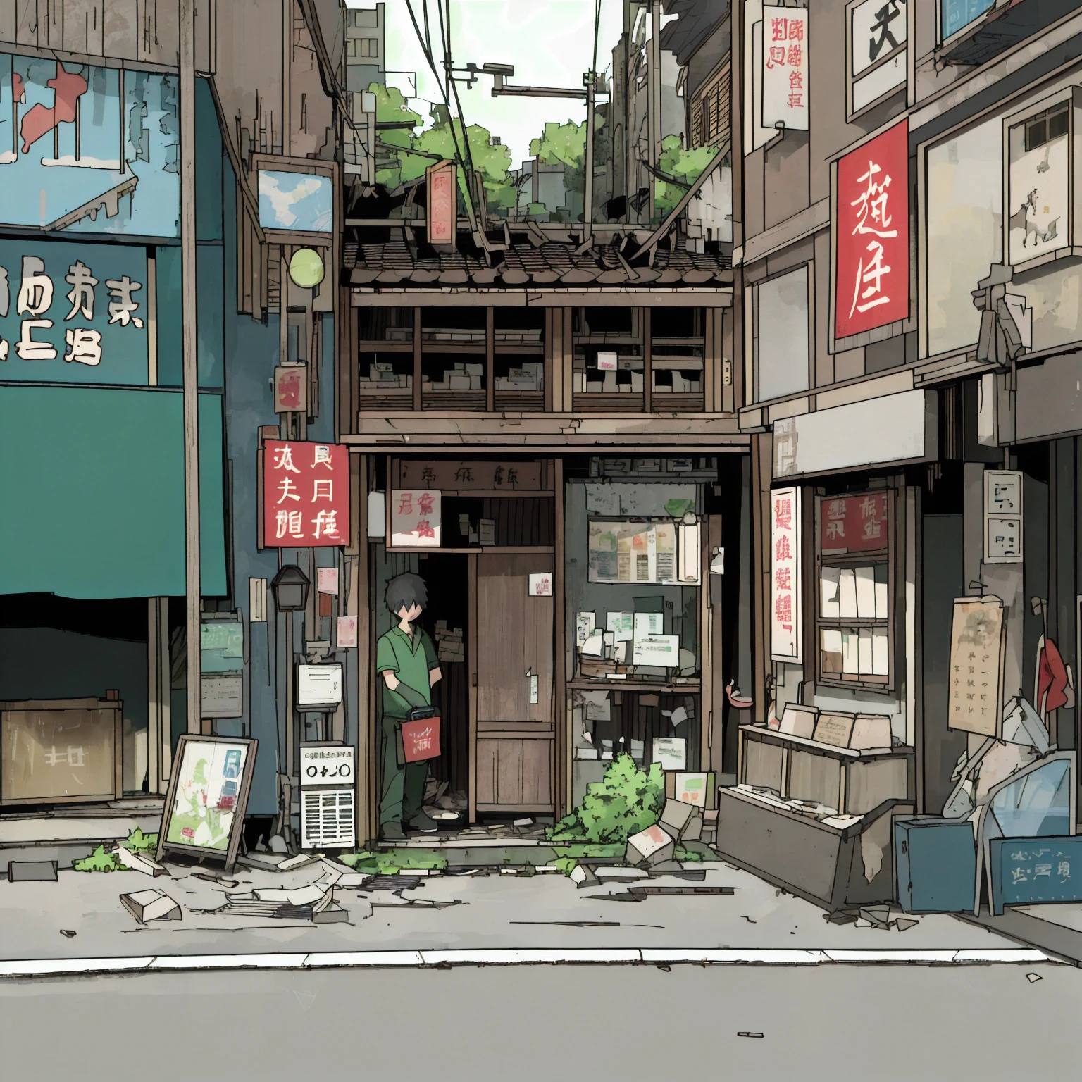 masterpiece,Highest quality,Tonghua Town,Outdoor,Unsanitary and abandoned city、ruins、sewage、Dirty shop、Crumbling hospital、street vendors、Poor person々、Blame me people
