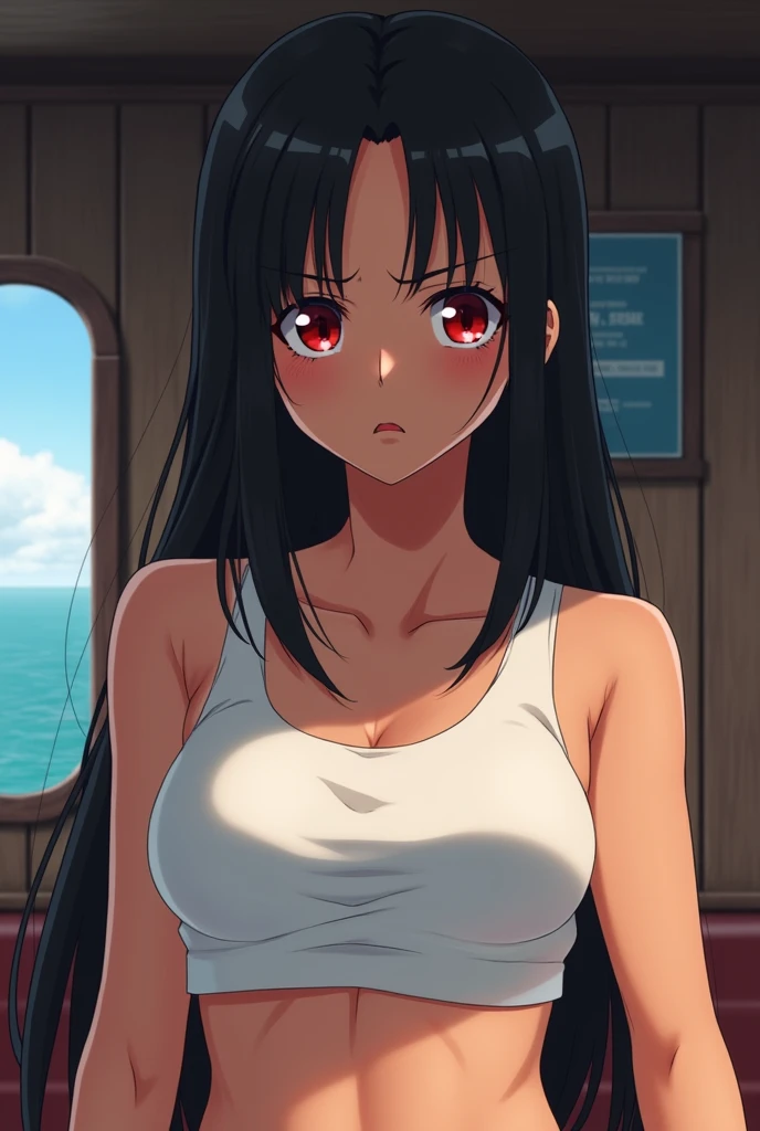 take from the waist to the head, animation style Toei animation, anime One Piece. 23 year old woman. Dark skin. jet black hair with red tips. straight hair down to the ears. bright scarlet eyes ,peach colored lips, soft features, annoyed and mature expression, developed breasts, flat stomach. white sleeveless top without collar, cabin atmosphere of a ship