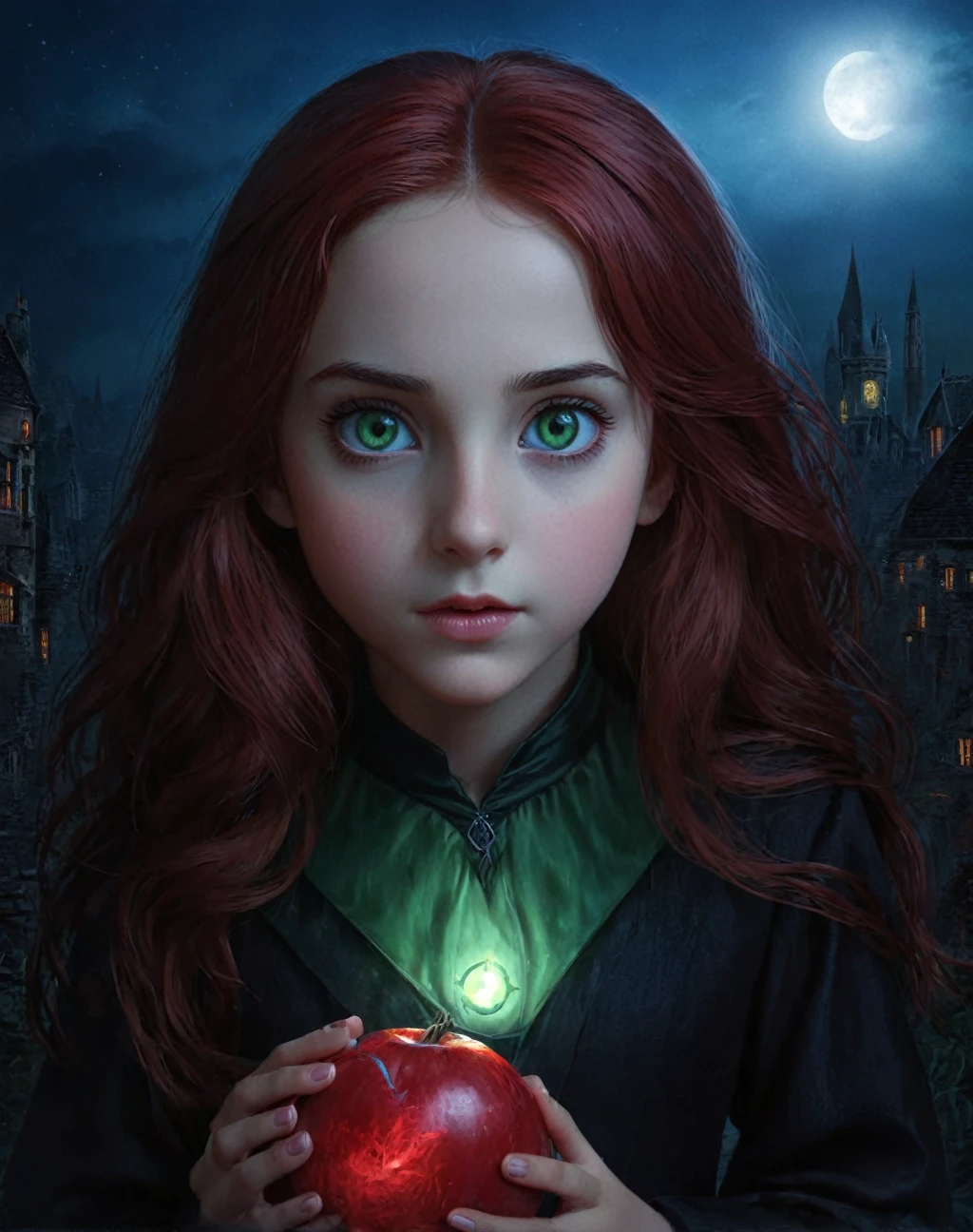 Huge red object,1girl, young 11 year old girl, daughter of severus snape, beautiful detailed green eyes,, Colorful, The barefoot，Detailed face，Dark background, composed (blue colors、white and black:1.4) colours, Advertising Composition, (Complex [Detailed : atmosphere]:1.3)