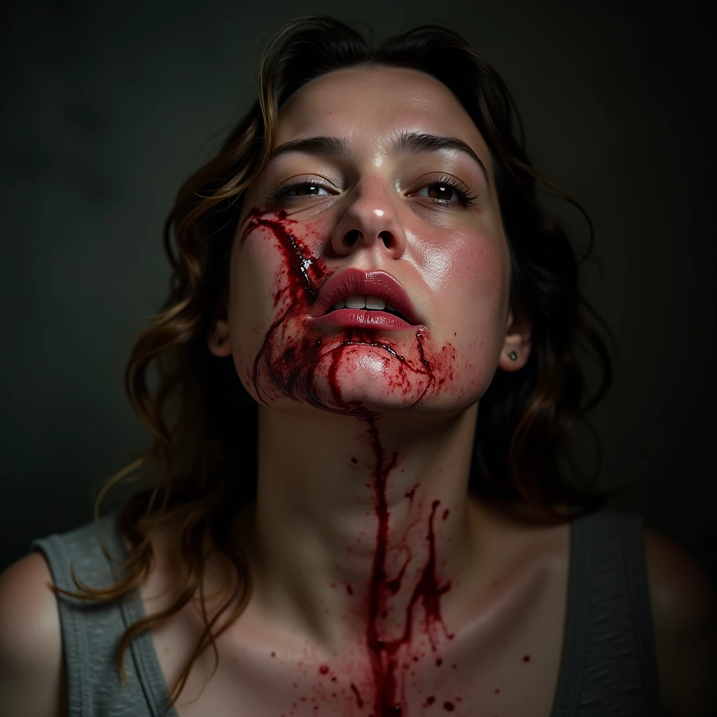A fat woman tortured, dripping blood from the mouth, bruised face, left black eye, hurted, beaten, tortured, injured, torture scene brutal, getting a punch in the face by a torturer man, 