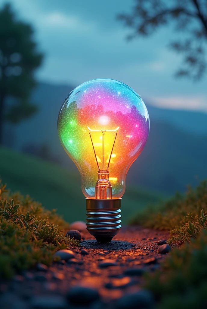 a light bulb with different colors, shining, landscape
