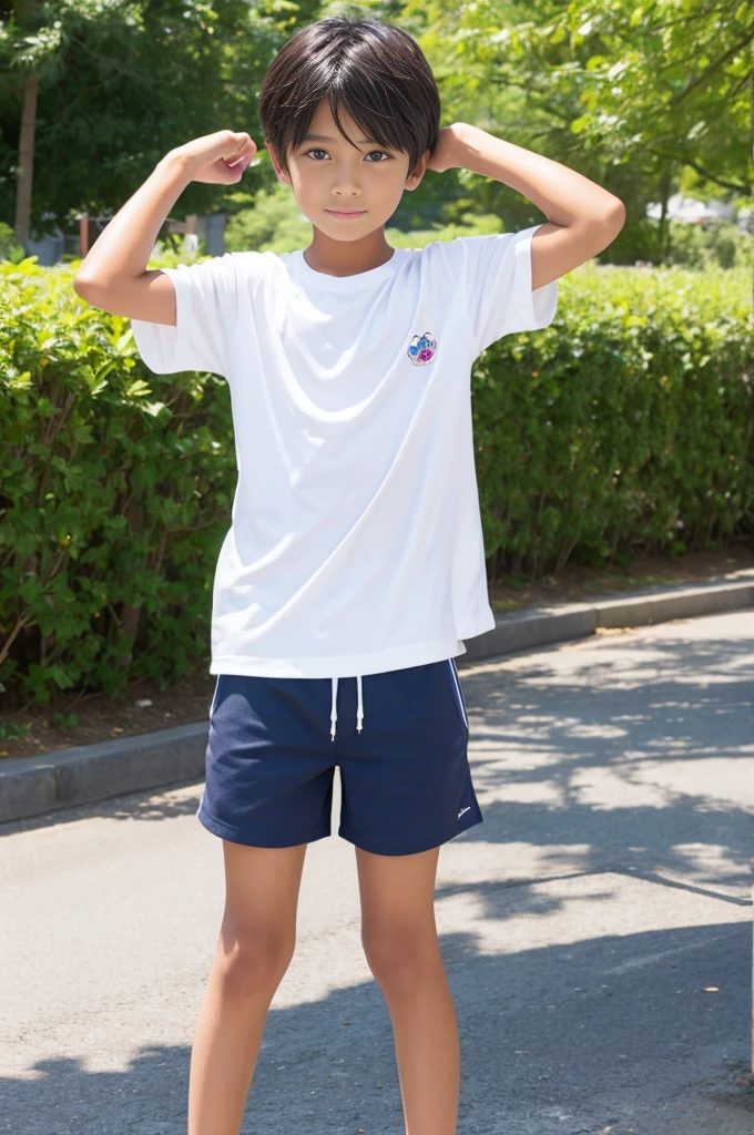 A tanned -yeld Jaese boy modeling in shorts during summer vacation