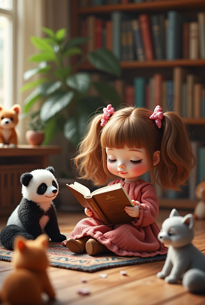 A cute two-headed doll reading a book in a room full of books。There are dogs, cats, pandas, raccoons, and foxes around me.