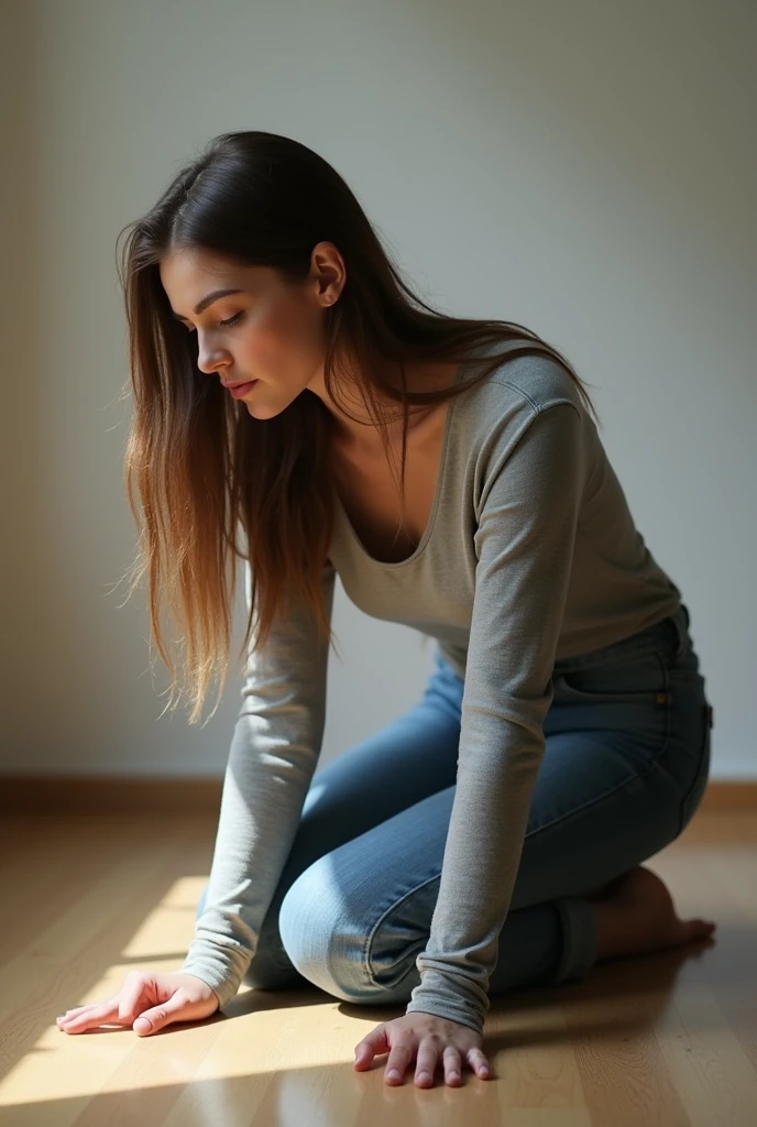Woman in jeans and long sleeve t-shirt kneeling on the floor touching the floor with bend over front view