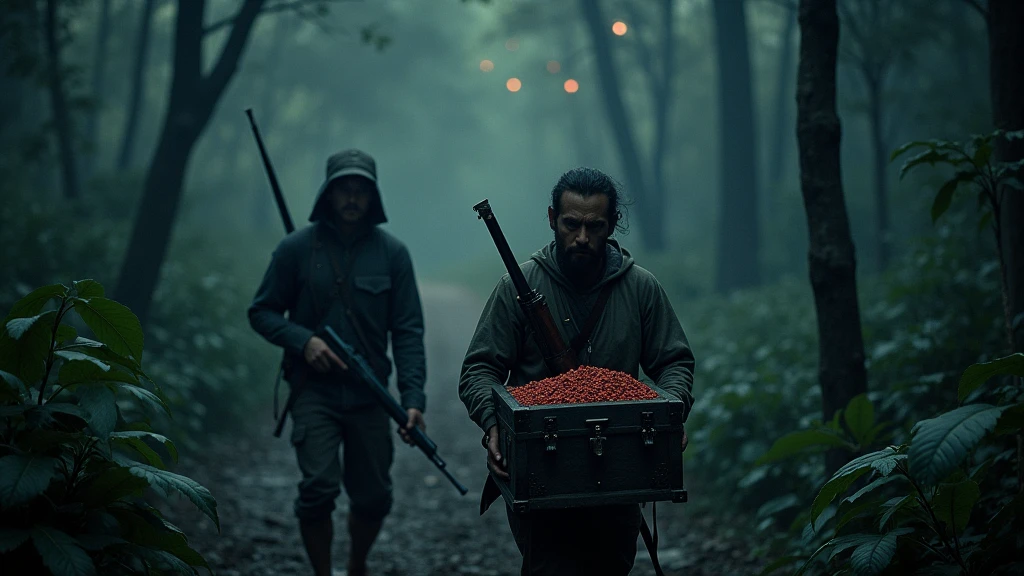 Two Cambodian hunters carrying guns carrying a treasure chest through the forest, scary in the evening with many red eyes watching View from above 8k