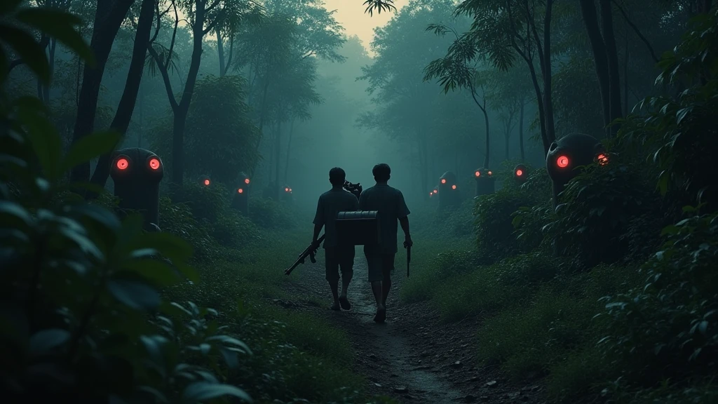 Two Cambodian hunters carrying guns carrying a treasure chest through the forest, scary in the evening with many red eyes watching View from above 8k  