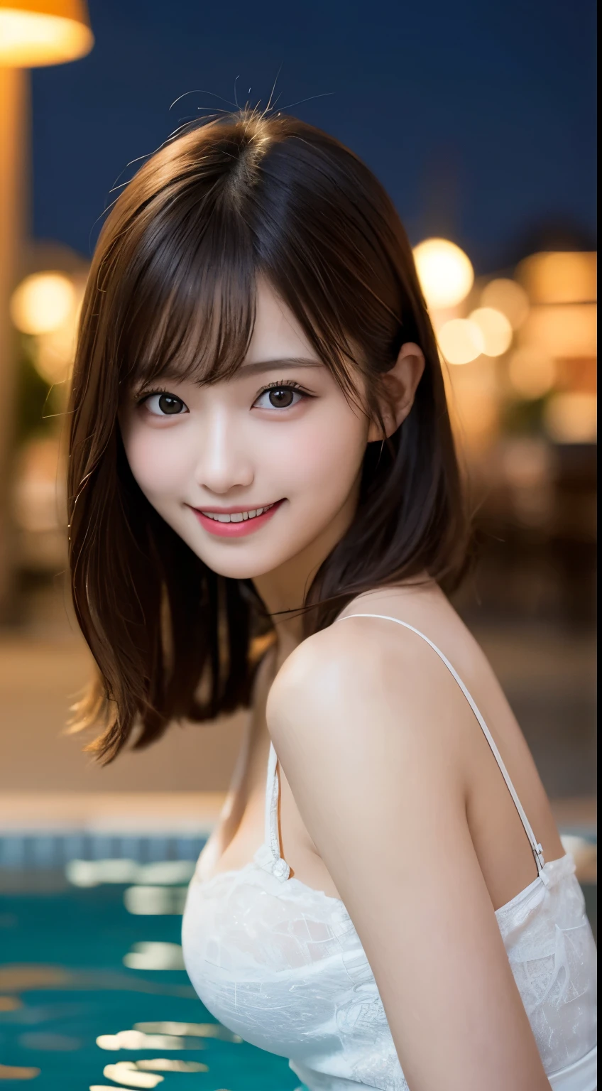 Tabletop, Highest quality, figure, Very detailed, In detail, High resolution, 8k wallpaper, Perfect dynamic composition, Beautiful attention to detail, maikurobiki,Medium Hair, Small breasts, Natural color lip, Bold sexy pose,smile,Night Pool、20-year-old girl、cute