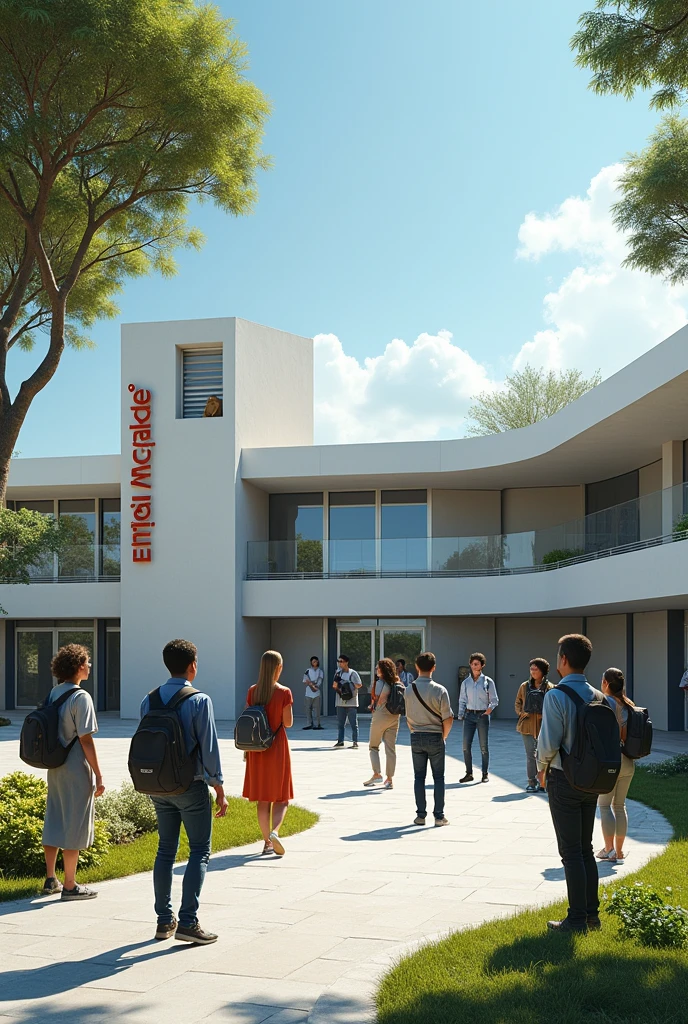 school of the future with students and teachers debating and the school sign written emir de marcedo gomes