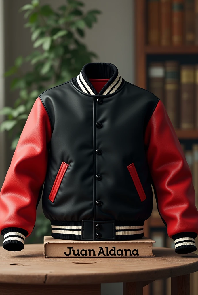 The cover of a book.
A table with a black varsity jacket with red sleeves and black and white lines.
The jacket will be on the table.
Nostalgic vintage atmosphere At the bottom will be the title of the author who is: Juan Aldana