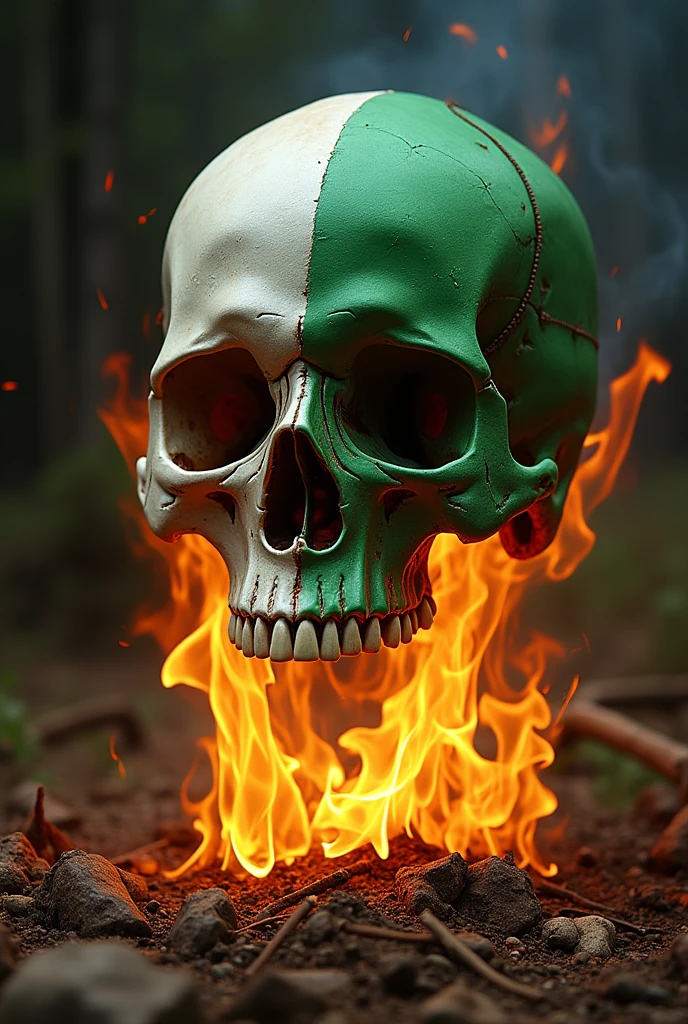 Skull with a green, white and yellow kettle throwing fire
