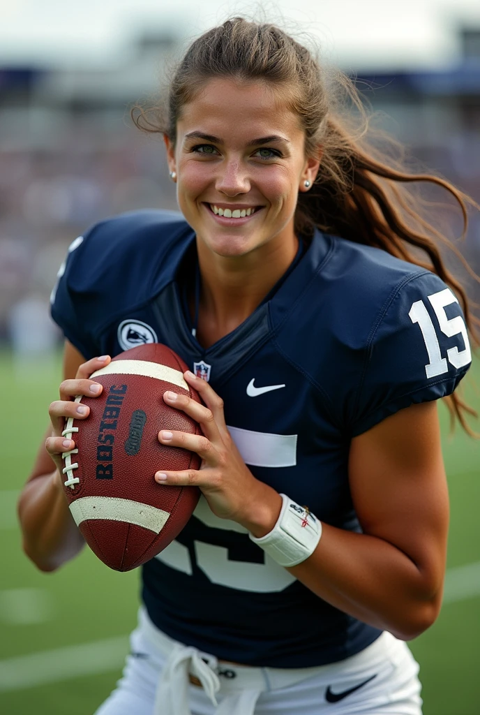 A photo of Emma Fisher, a brunette quarterback for the female Penn State Nittany Lions football team. Number 15.