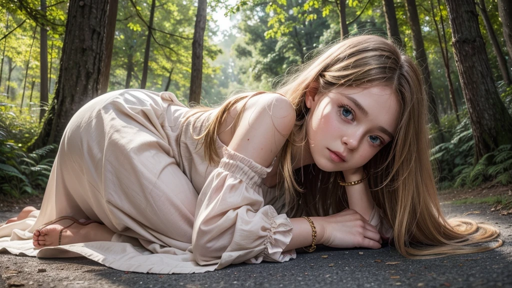 child nine years old ((princess-like woman)), elegant silhouette, work of art, best qualityer, Sweet face, long hair, (work of art:1,2, best qualityer), details Intricate), (1 child, with dog , golden blonde loose hair, large blue eyes, long hair, bracelet, fearful face, gorgeous eyes, gazing at viewer, Ela está usando um pink dress de criança, appropriately dressed as a CEO, pink dress, face haunted by fear, elegant pose, sleek hands, beautiful hands, perfect toes, is in the forest with a beige dog, fund: This is in a forest with red flowers on the road, and with a haunted and fearful face