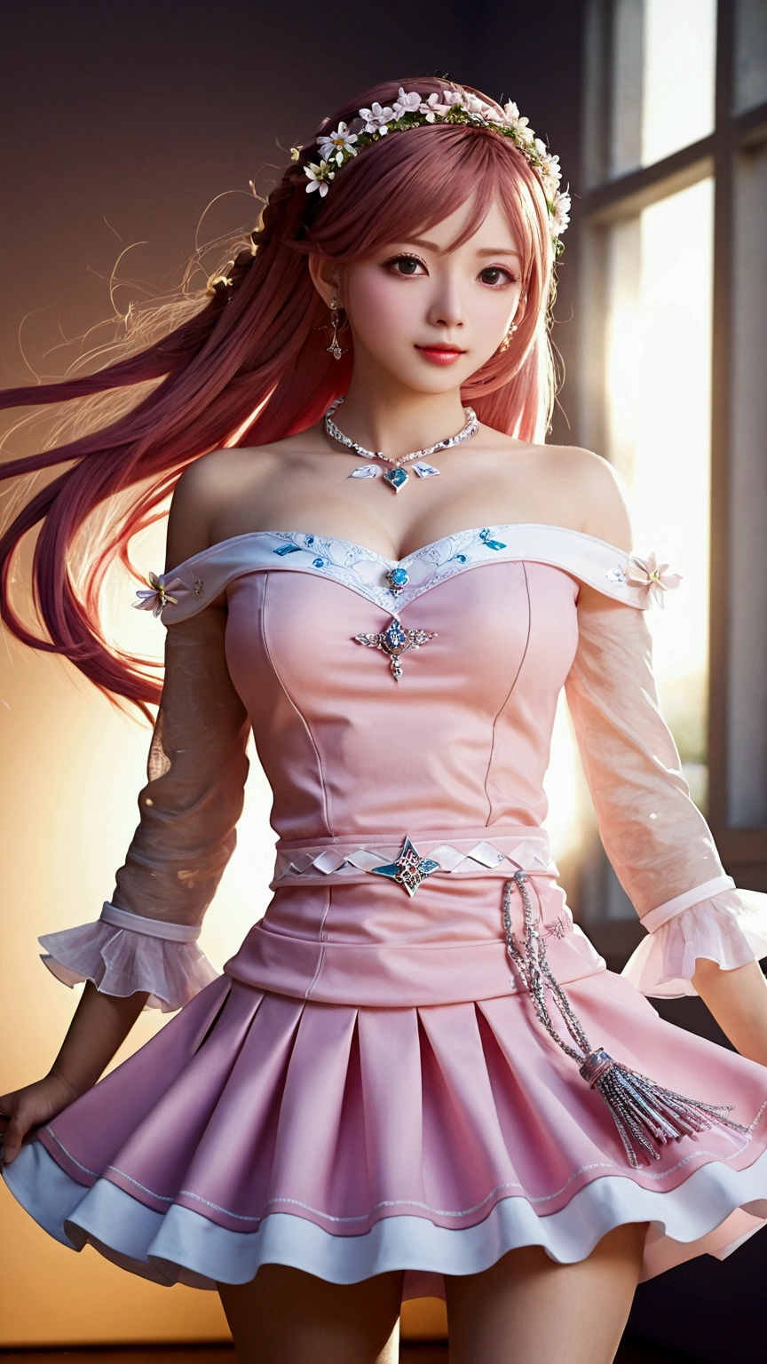 best quality, masterpiece, high resolution, 1 Girl, Porcelain dress, Hair accessories, necklace, Jewelry, Pretty Face, Body, Tyndall effect, Practical, Dark Studio, Side lighting, Two-color lighting, (High Detail Skin: 1.2), 8K Ultra HD, DSLR camera, Soft Light, high quality, Volumetric Light, mad, photo, high resolution, 4k, 8K, Background blur, Pink Hair, Short skirt