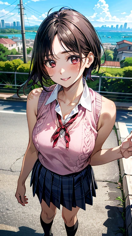 (masterpiece:1.3, Highest quality, Ultra-high resolution, Super detailed), (Realistic, photoRealistic:1.4), Beautiful illustrations, Perfect lighting, Natural light, colorful, Depth of written boundary, Full Body Shot,
Beautiful detailed hair, Beautifully detailed face, Beautiful attention to detail, Beautiful clavicle, Beautiful body, Beautiful breasts, Beautiful thighs, Beautiful feet, Beautiful fingers, 
View your viewers, Front view:1.4,  1 girl, Japanese, high school girl, Perfect Face, (Perfect Anatomy, Anatomically correct), Cute and symmetrical face, Baby Face, , Glowing Skin, 
(short hair:1.7,  Black Hair), ((Parted bangs, amount)), Dark brown eyes, Slanted Eyes, Long eyelashes, (Medium chest), thin, 
((Sleeveless summer knitwear, White collared shirt, Pink checkered pleated skirt, Dark red neck ribbon)), Navy School Socks, , 
(Beautiful views),  (Cityscape), walk, (Smile, Open your mouth), 