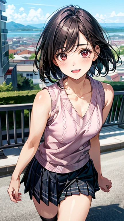 (masterpiece:1.3, Highest quality, Ultra-high resolution, Super detailed), (Realistic, photoRealistic:1.4), Beautiful illustrations, Perfect lighting, Natural light, colorful, Depth of written boundary, Full Body Shot,
Beautiful detailed hair, Beautifully detailed face, Beautiful attention to detail, Beautiful clavicle, Beautiful body, Beautiful breasts, Beautiful thighs, Beautiful feet, Beautiful fingers,
View your viewers, Front view:1.4, 1 girl, Japanese, high school girl, Perfect Face, (Perfect Anatomy, Anatomically correct), Cute and symmetrical face, Baby Face, , Glowing Skin,
(short hair:1.7, Black Hair), ((Parted bangs, amount)), Dark brown eyes, Slanted Eyes, Long eyelashes, (Medium chest), thin,
((Sleeveless summer knitwear, White collared shirt, Pink checkered pleated skirt, Dark red neck ribbon)), Navy School Socks, ,
(Beautiful views), (Cityscape), walk, (Smile, Open your mouth),