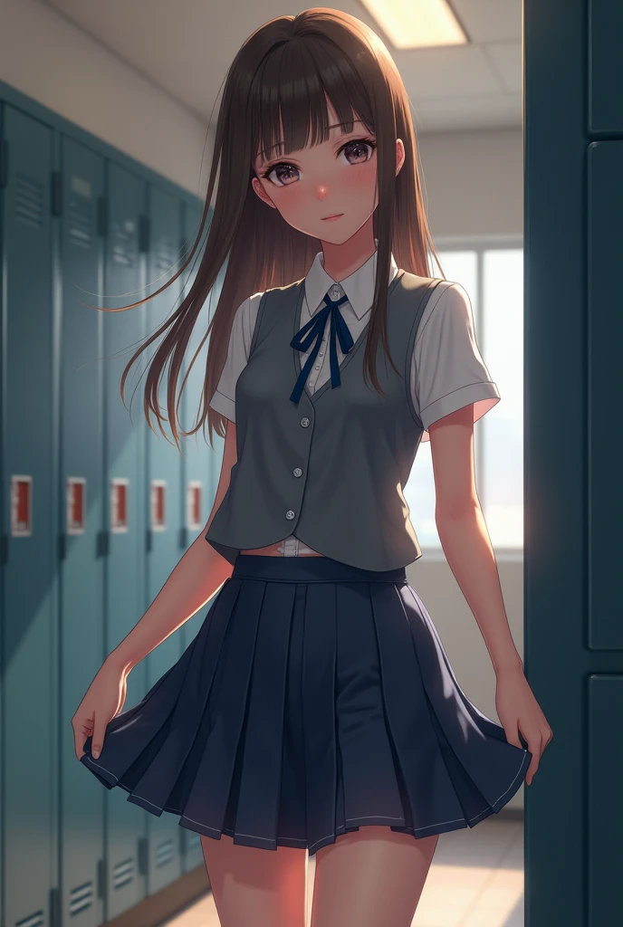 One girl、Excellent anatomy, masterpiece, Highest quality,Realistic, hyperRealistic, 16k hdr,(((skirt lift))),NSFW、White short sleeve shirt、Blue ribbon、Navy blue pleated skirt、Grey vest、Long Hair、Straight Hair、bangs、freckles、Brown Hair、high school girl、White panties、Slender、Slender body、In the locker room