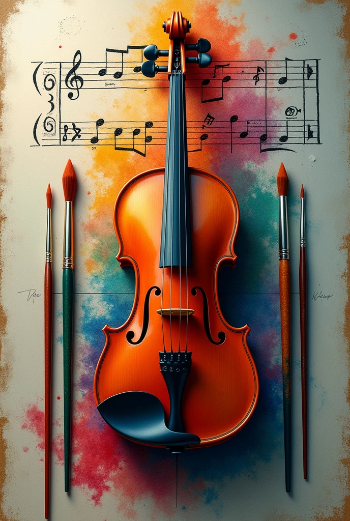 Generate a combination, of a violin, oratory drawing, a brush and colors,