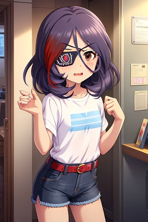 Hayasaka Mirei,purple hair,multicolored hair,fang,brown eyes,short hair,eyepatch,white shirt,Denim shorts,shorts rolled, belt
