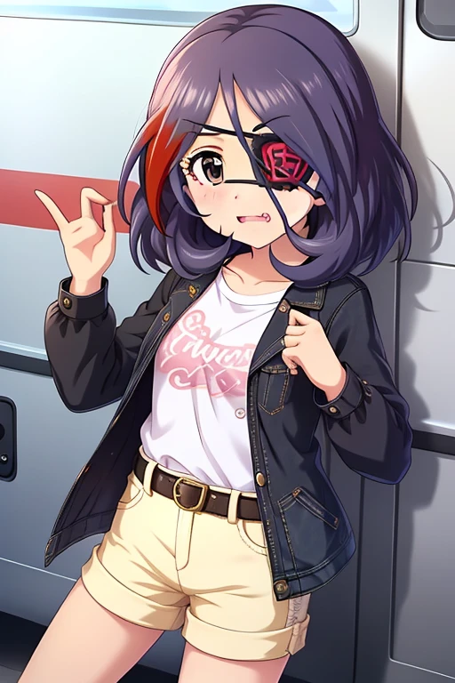 Hayasaka Mirei,purple hair,multicolored hair,fang,brown eyes,short hair,eyepatch,white shirt,Denim shorts,shorts rolled, belt