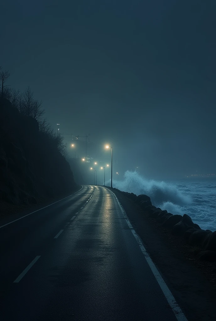 Nighttime Marine Drive**:
- Description: A dark, desolate Marine Drive at night. The scene is illuminated only by the faint glow of streetlights and the reflection of the city lights on the sea. The waves crash against the rocks with an eerie intensity, and the long stretch of the road appears deserted.