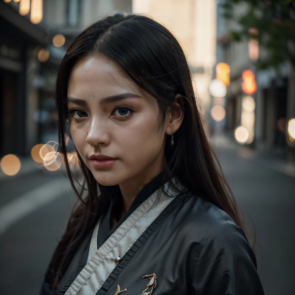 1girl, full body, extremely detailed face, beautiful detailed eyes, beautiful detailed lips, long eyelashes, light on face, cinematic lighting, looking at viewer, outdoors, black hair, black Chinese architecture, hanfu, best quality, 4k, 8k, highres, masterpiece:1.2, ultra-detailed, realistic, photorealistic:1.37, HDR, UHD, studio lighting, ultra-fine painting, sharp focus, physically-based rendering, extreme detail description, professional, vivid colors, bokeh