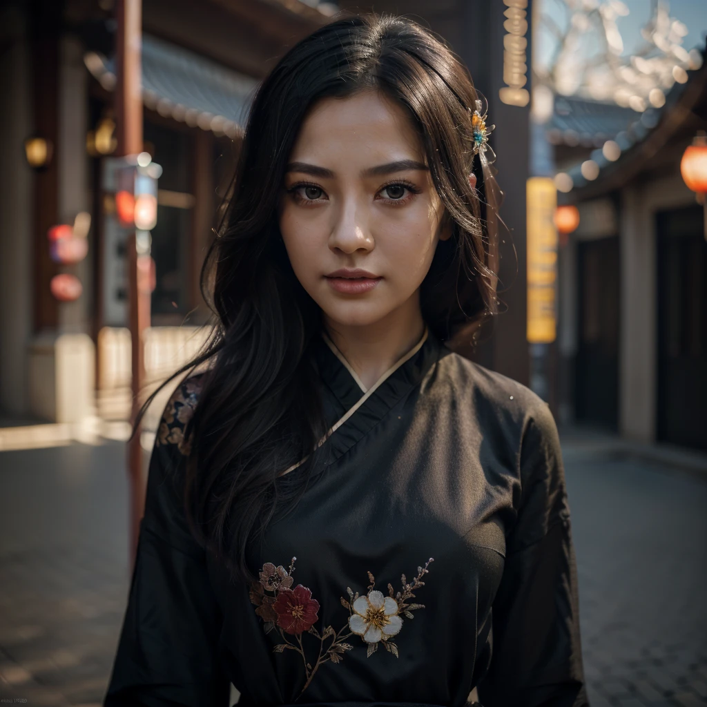 1girl, full body, extremely detailed face, beautiful detailed eyes, beautiful detailed lips, long eyelashes, light on face, cinematic lighting, looking at viewer, outdoors, black hair, black Chinese architecture, hanfu, best quality, 4k, 8k, highres, masterpiece:1.2, ultra-detailed, realistic, photorealistic:1.37, HDR, UHD, studio lighting, ultra-fine painting, sharp focus, physically-based rendering, extreme detail description, professional, vivid colors, bokeh