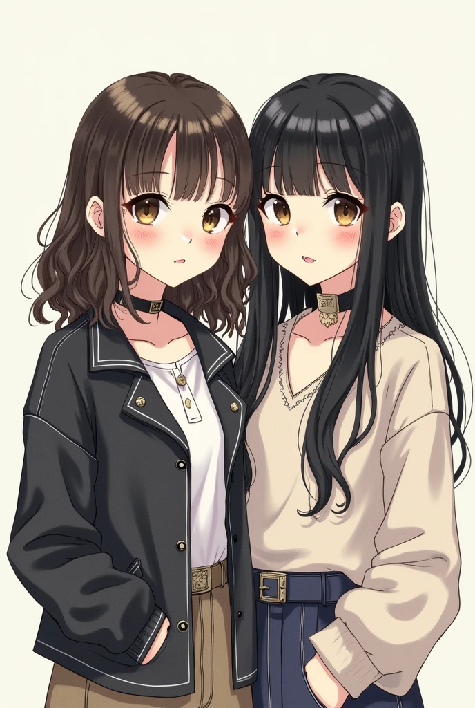 Drawing of two teenage girls together, a light-skinned one, Brown eyes, slightly short and straight black hair, dressed in nice clothes, The other one has slightly dark skin, Brown eyes, long wavy black hair, dressed in gothic clothing. simple drawing.